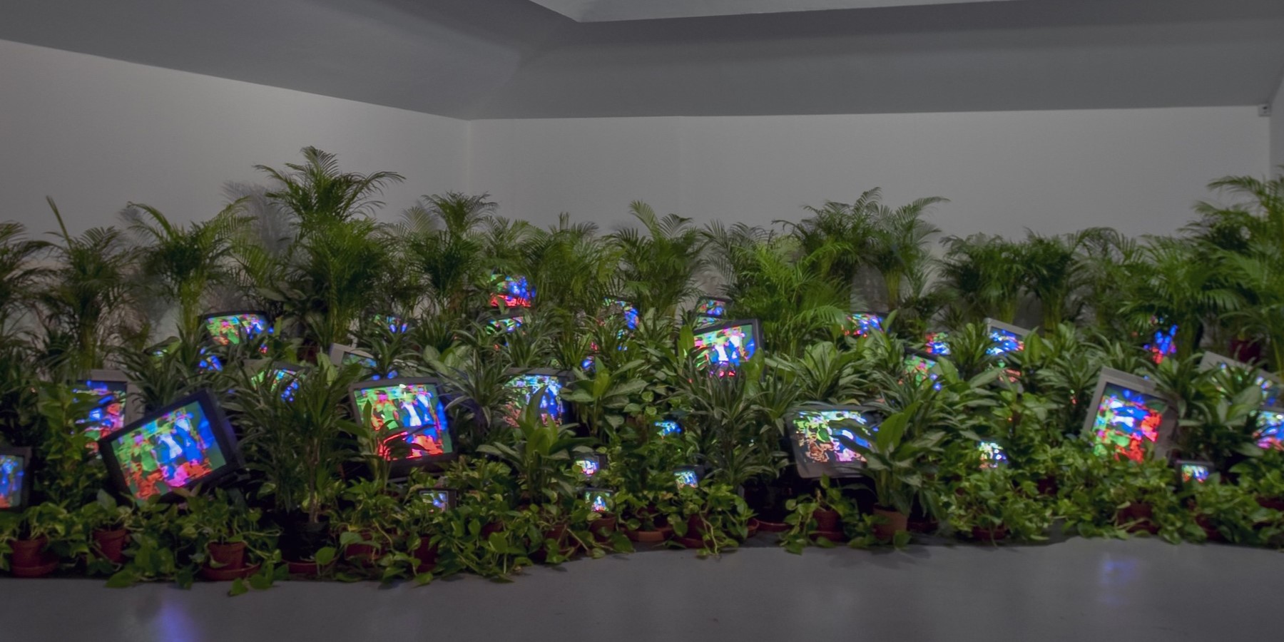 Exhibit of TVs scattered in a garden